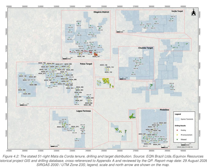 Mapa técnico atual dos 51 titulos, sondagens e alvos do projeto no Alto Paranaíba